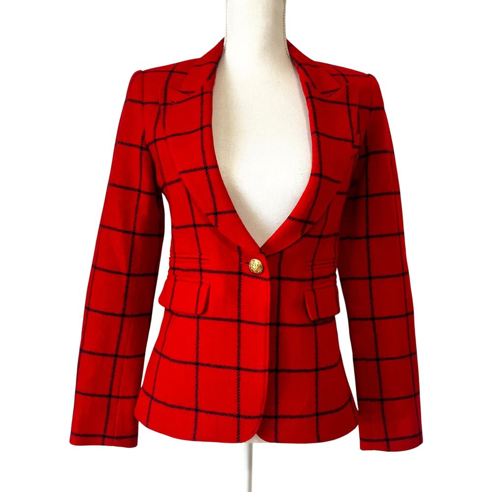 SMYTHE Duchess Blazer Red Windowpane Leather Elbow Patches Jacket Size 4
